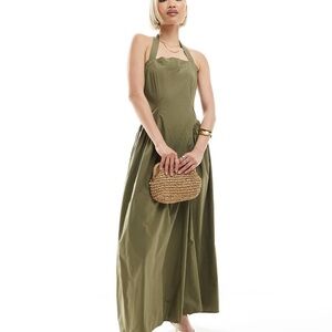 4th & Reckless cotton square halterneck hip pleat detail maxi dress olive green